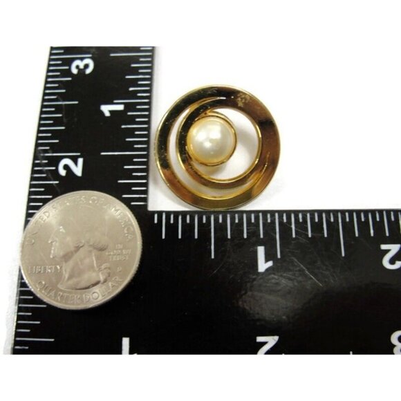 Vintage Brooch Costume Jewelry Double Ring Large Imitation Pearl Gold Tone - Picture 4 of 10